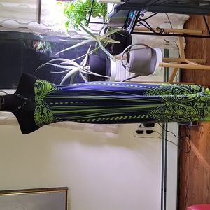 Carole Little blue green print dress with wooden beaded tie neck